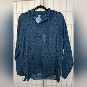 SIDDHARTHA Blue Geometric Long Sleeve Hoodie Shirt - Men or Women - NWT!